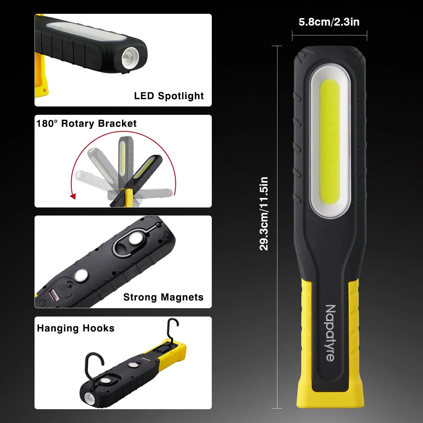 Lámpara de trabajo LED recargable 1000 lúmenes base magnética 5 modos linterna inspección