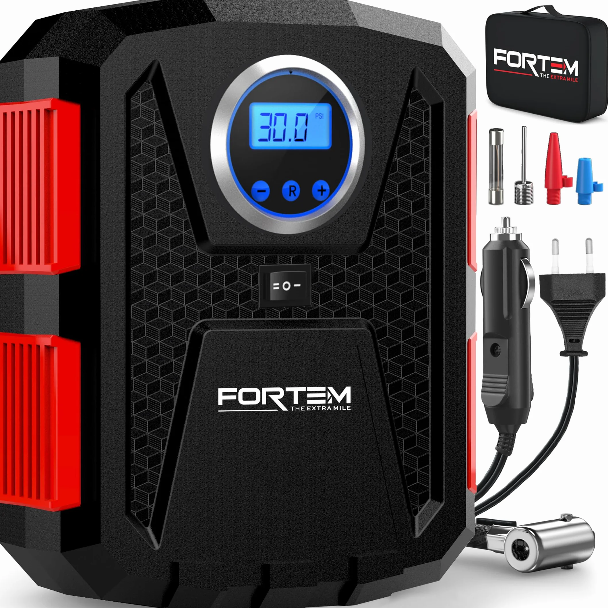 FORTEM Inflador de Ruedas de Coche, Compresor de Aire - Manómetro Digital, Autobombeo, Parada Automática - Bolsa de Transporte
