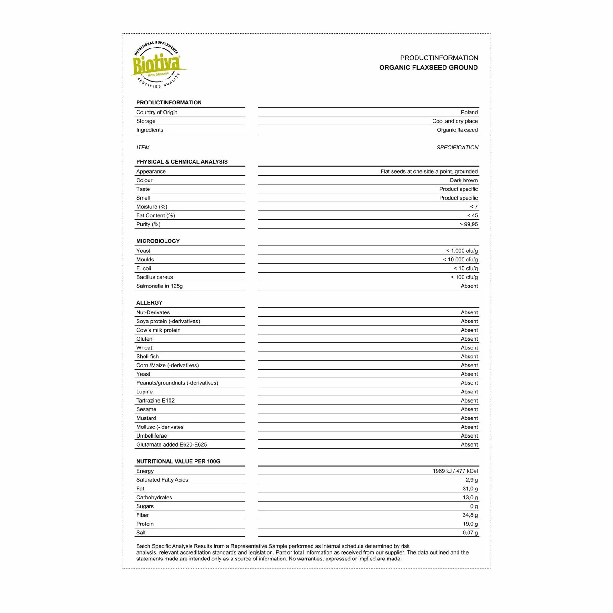 Harina de linaza ecológica Biotiva 2kg (2x1kg) baja en carbohidratos sin gluten sin soja