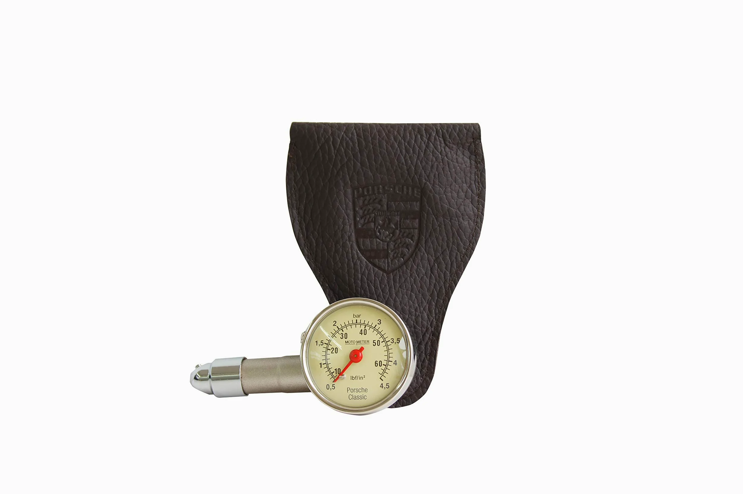 Porsche Manómetro clásico de presión de neumáticos + funda de piel 911 944 964 993.