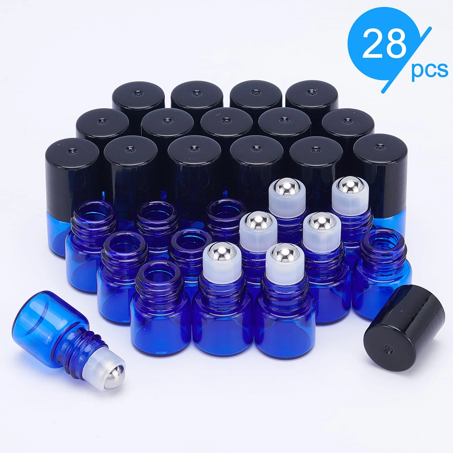 BENECREAT 30 Pack 1ml Azul Botellas Roll-on de Vidrio con Bolas de Rodillos de Acero Inoxidable para Aceites Esenciales