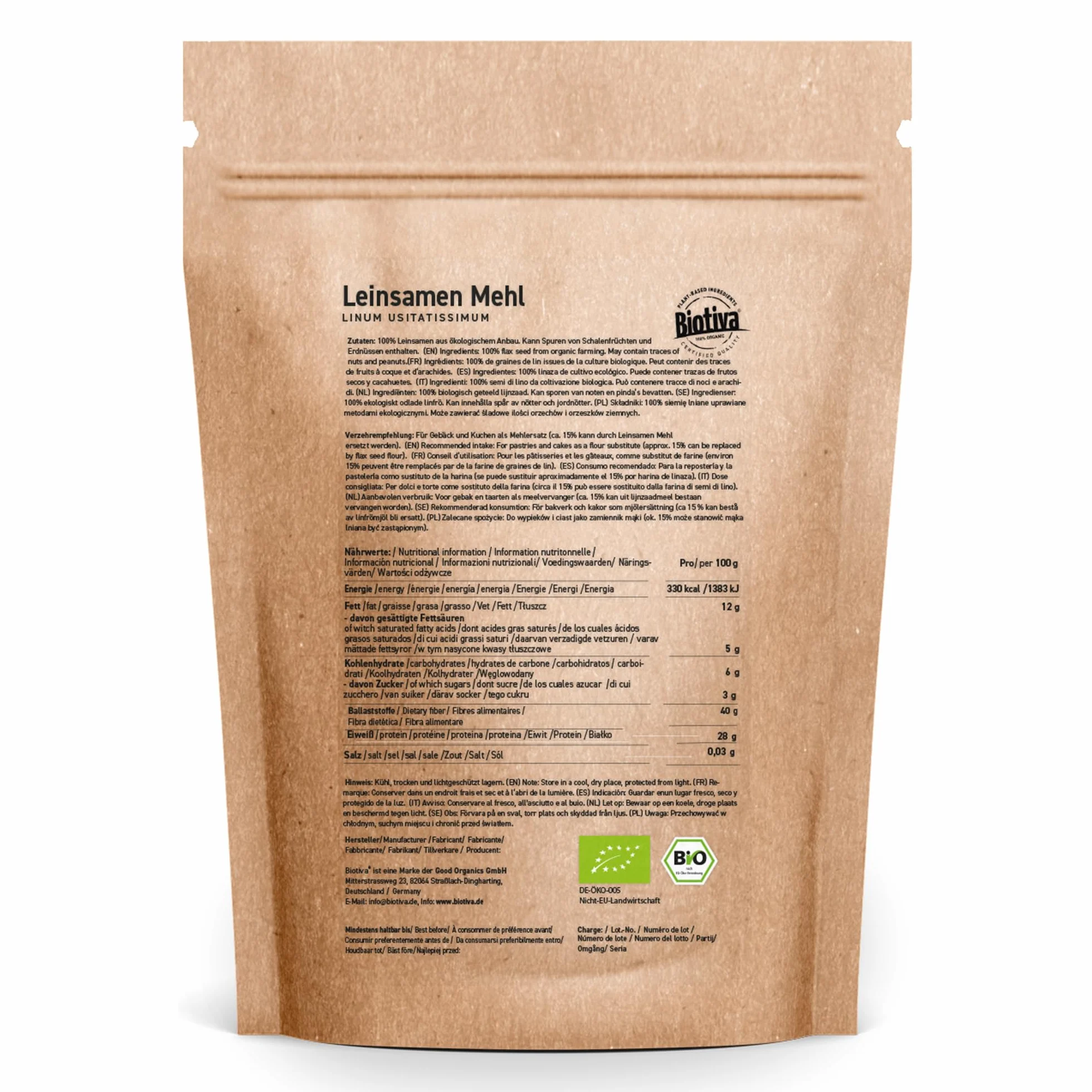 Harina de linaza ecológica Biotiva 2kg (2x1kg) baja en carbohidratos sin gluten sin soja
