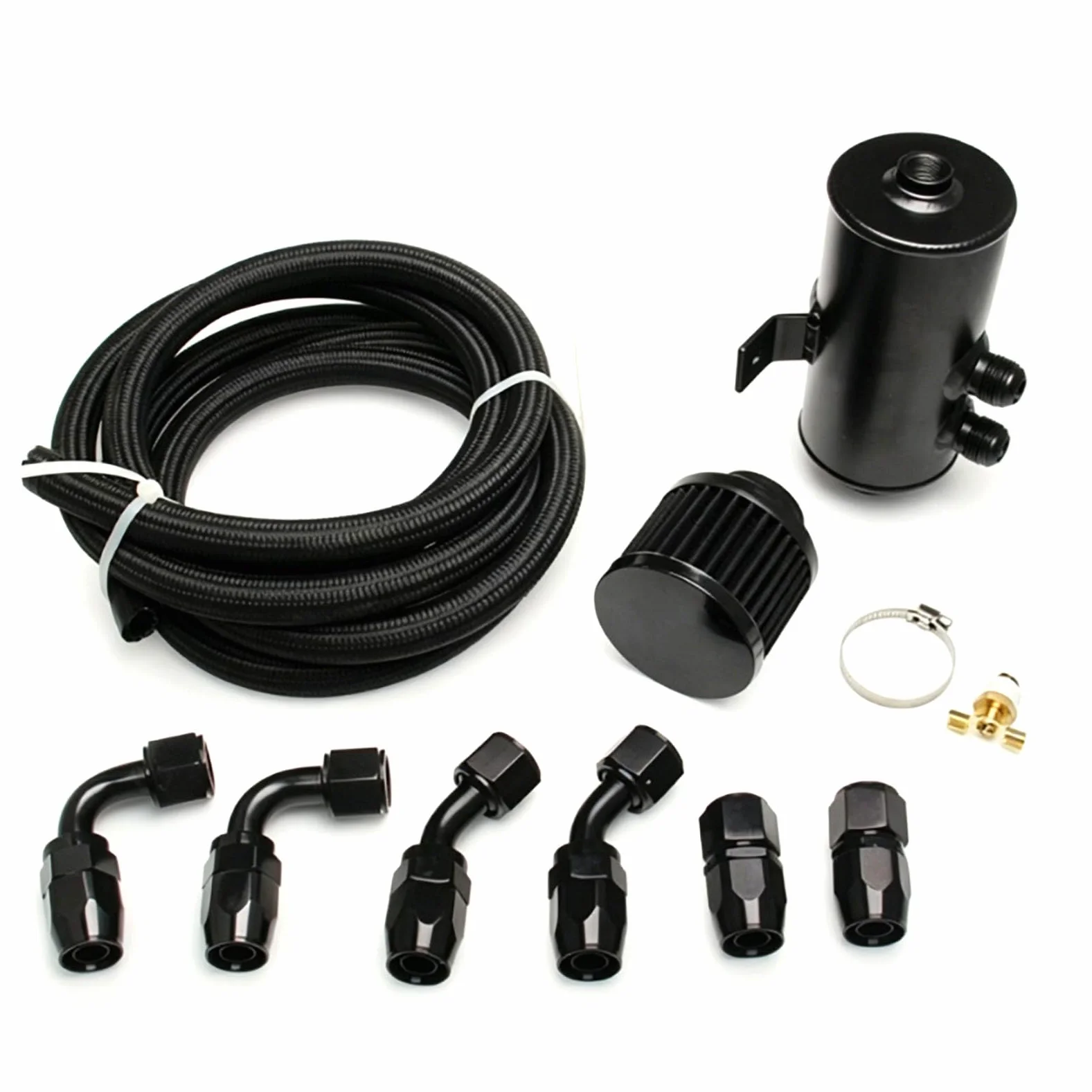 Kit de Colector de Aceite, Tanque de Respiro Reutilizable y Kit de Conexiones de Manguera de AN10, para Modificación de Automóviles (BLACK)