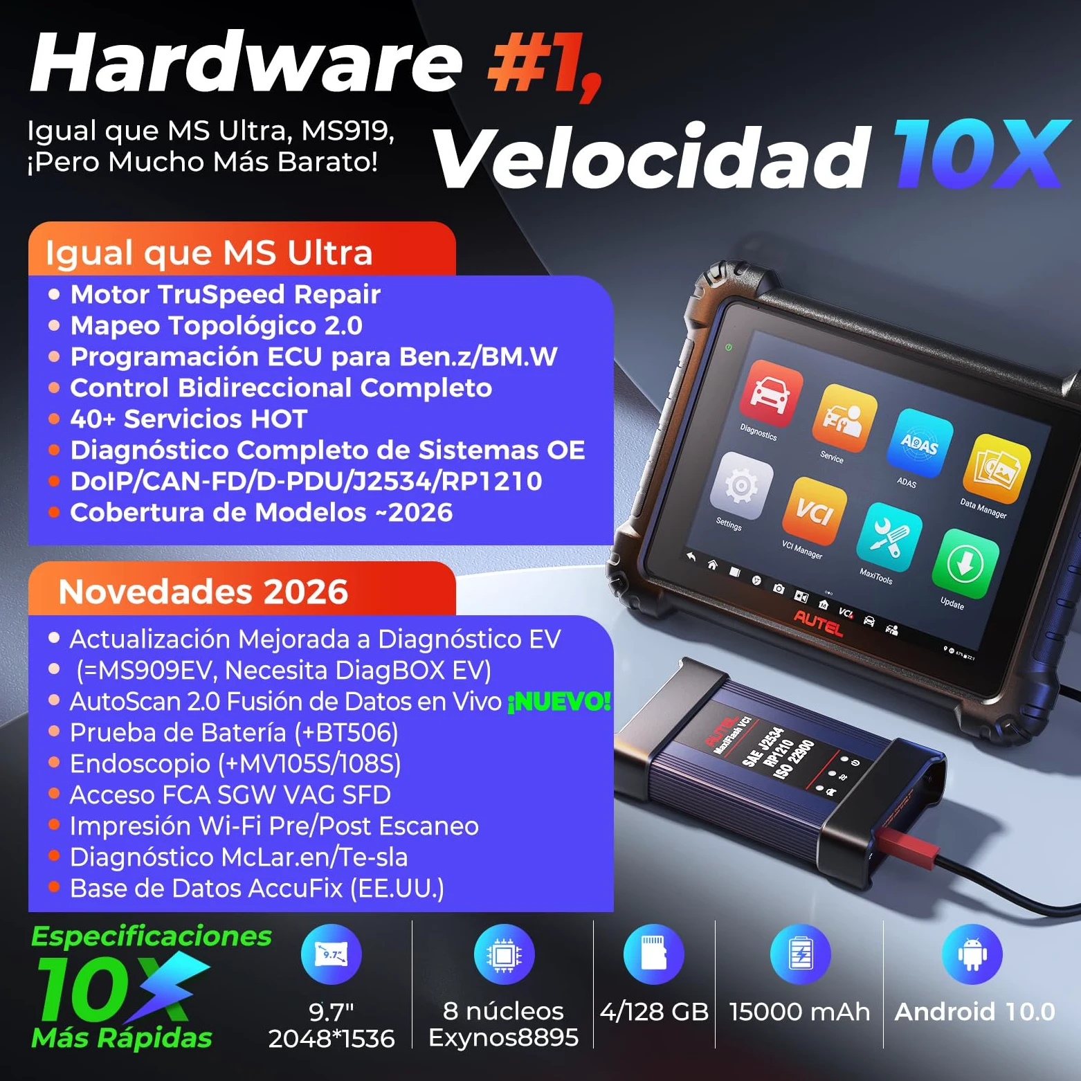 Autel MaxiSYS MS909 OBD2 Diagnosis Coche Multimarca,Inteligente | Actualización Elite II PRO/MS908S PRO II, programación ECU J2534, 40+ servicios, 3000+ pruebas activas, CAN FD DoIP