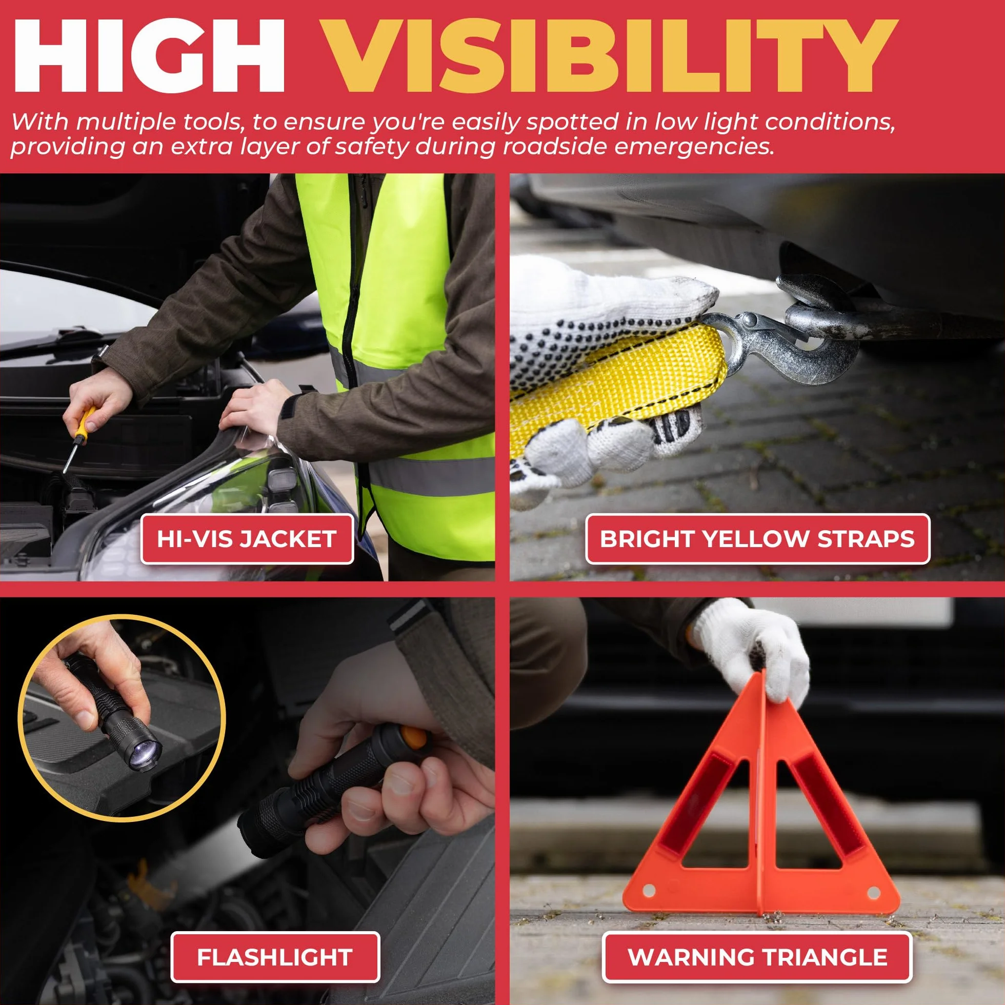 GADLANE Kit de emergencia para avería de coche - Gran kit de emergencia en carretera con triángulo de advertencia, cables de puente, cuerda de remolque, botiquín de primeros auxilios, martillo de