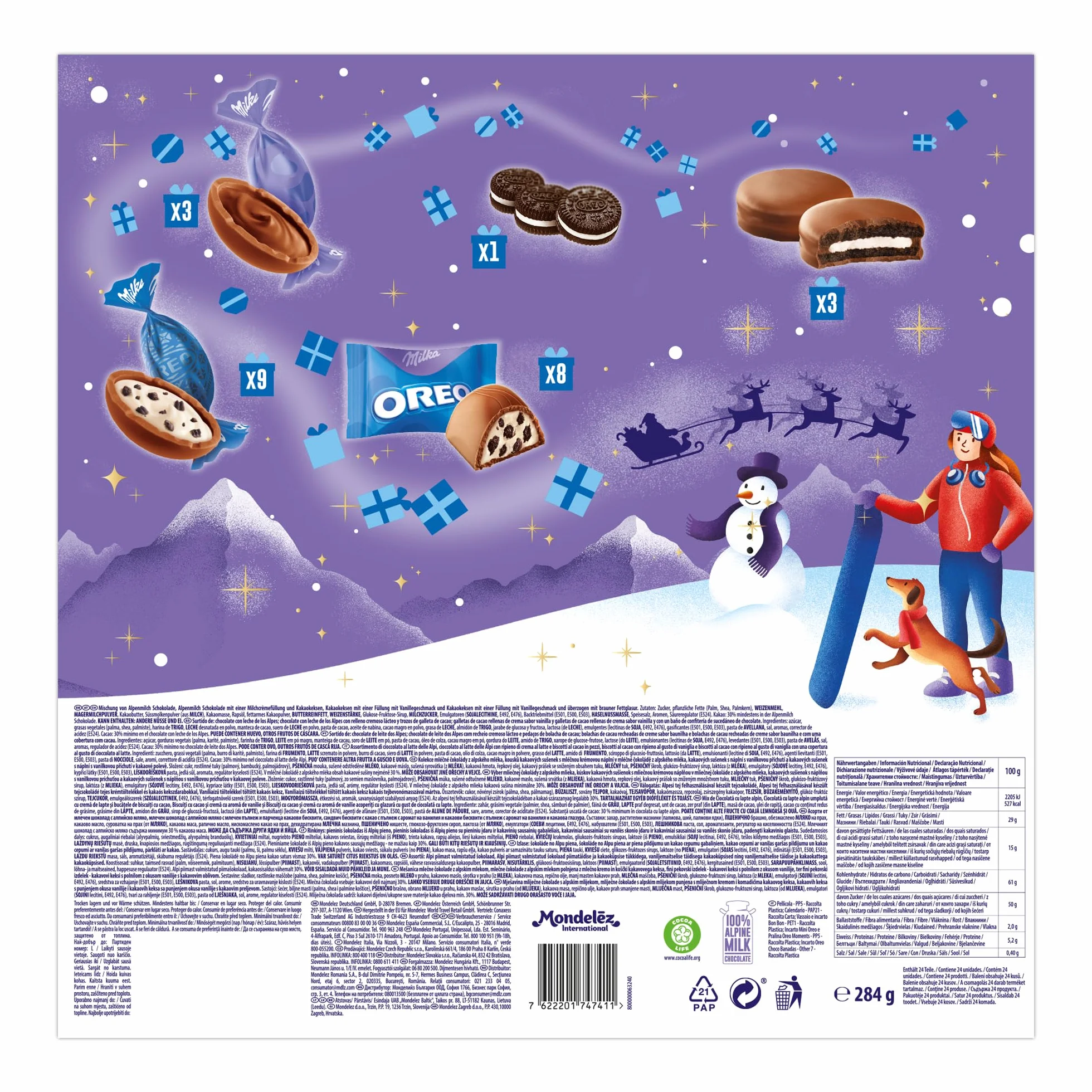 Milka Oreo Calendario de Adviento Chocolate con Leche de los Alpes y Galletas de Cacao 284 g