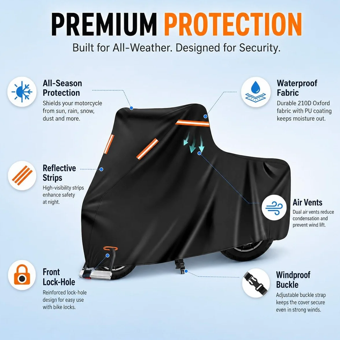 Funda Moto Impermeable Exterior Todas Las Estaciones, Cubierta de Moto Oxford con Orificio Antirrobo, Hebilla Cortaviento, Ventilación, Tiras Reflectantes y Bolsa