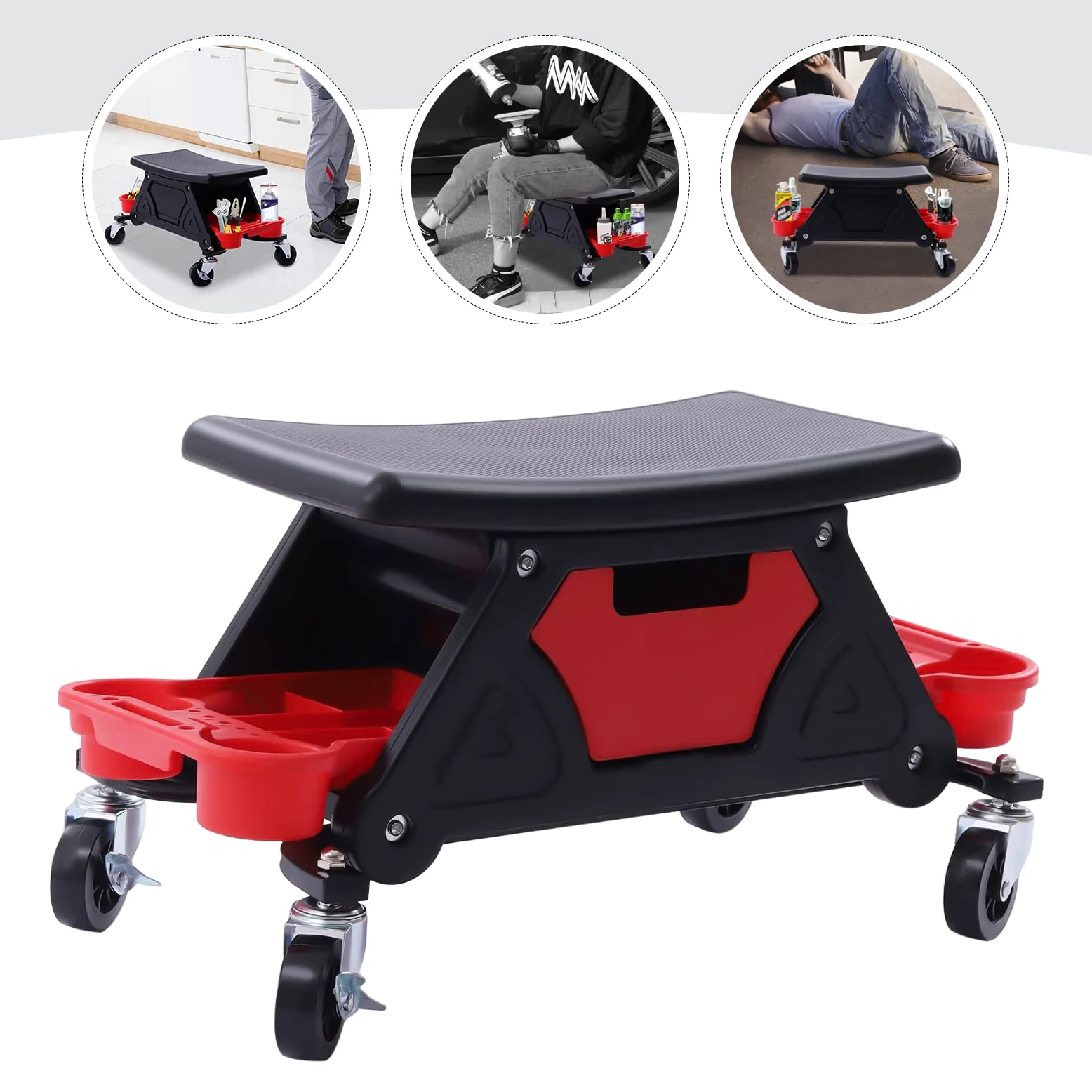 Taburete de taller con ruedas, taburete de trabajo, silla de taller, con dos compartimentos de almacenamiento, asiento de taller para trabajos de bricolaje y reparaciones mecánicas, capacidad de carga