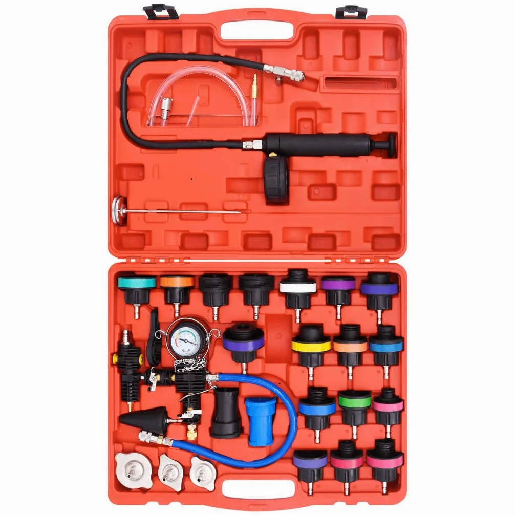 Juego de herramientas de prueba de presión para sistemas de refrigeración, bomba de mano con manómetro de 0 a 35 psi, 4 adaptadores de acero cromado, indicador de temperatura, maletín de