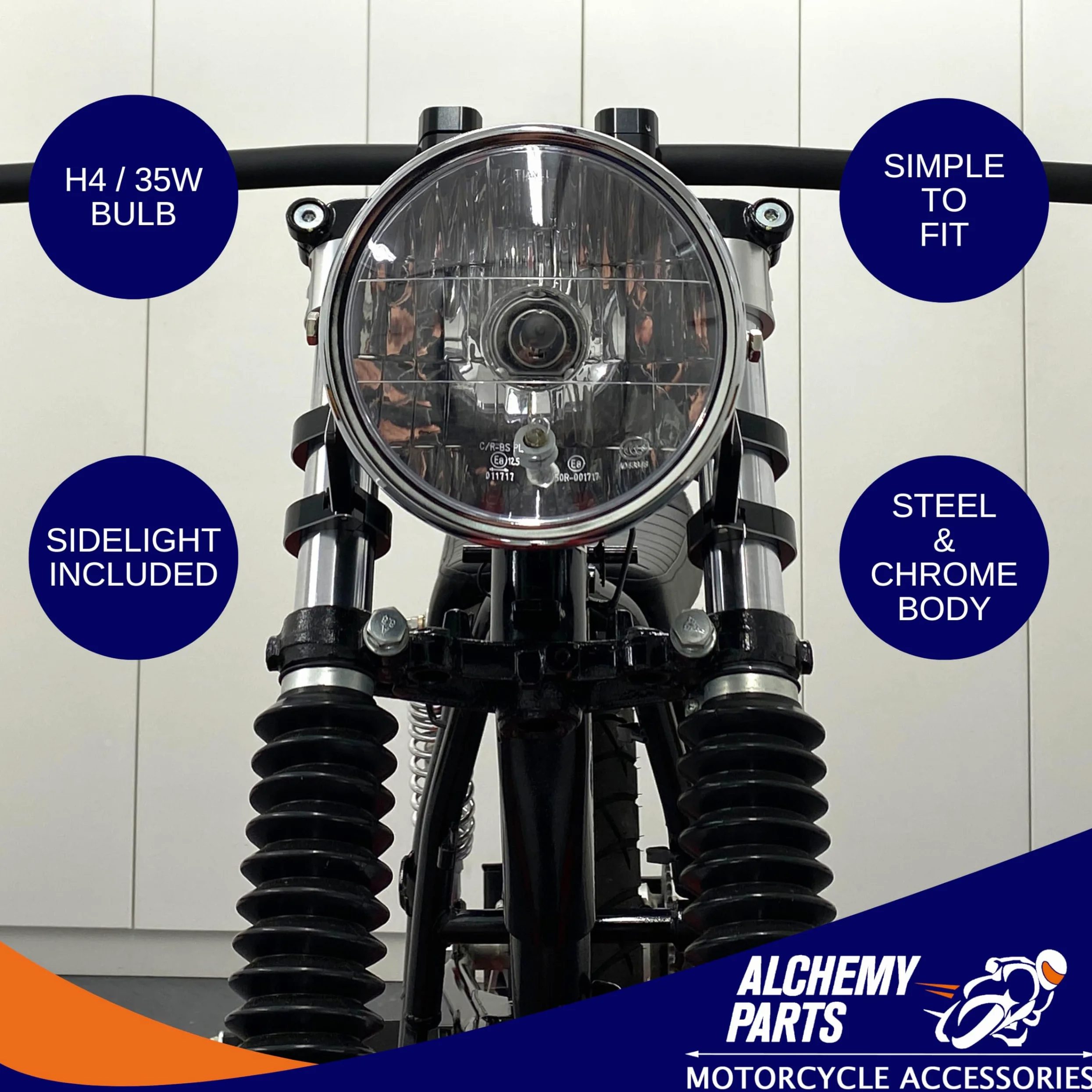 Alchemy Parts - Faro de moto, 165 mm de diámetro, universal para Retro-Café-Racer, Custom Street Bike, Project Roadster, Homologado con E-Prüfzeichen (negro mate con llanta cromada)