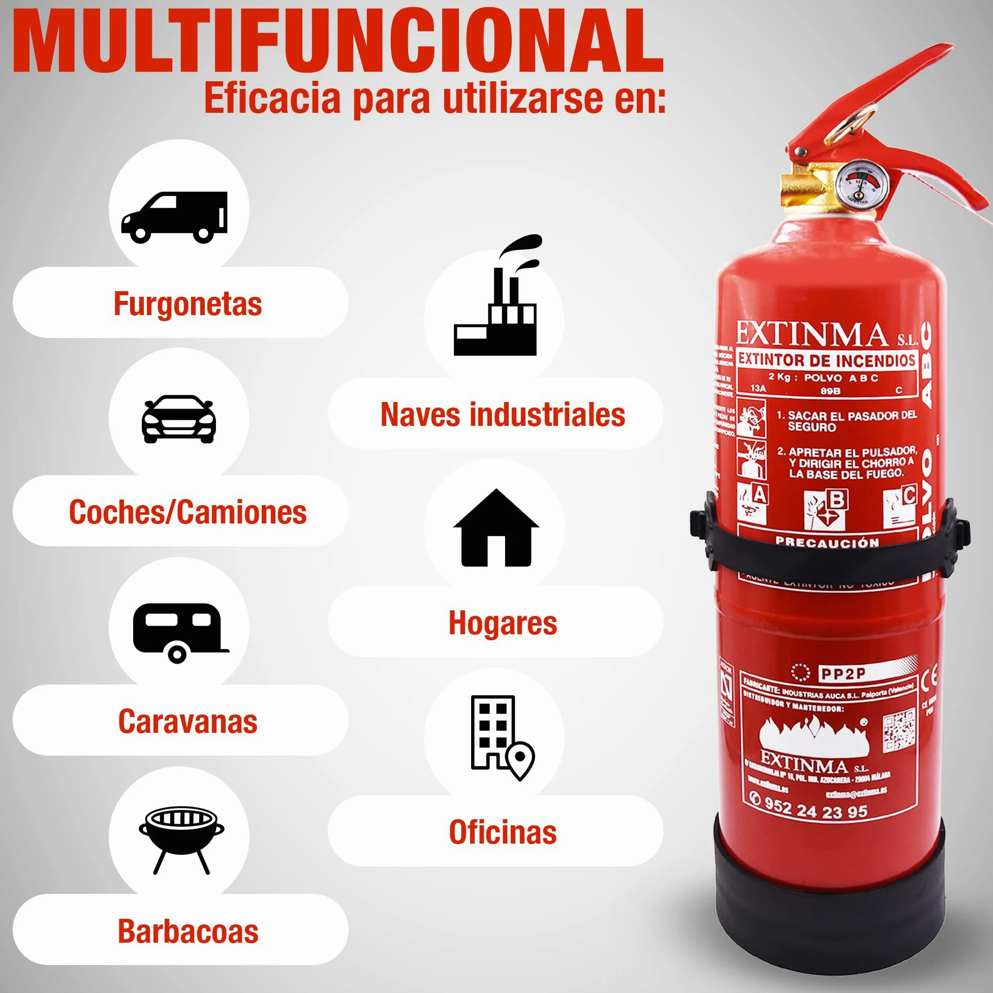 Extintor Polvo ABC 2kg con soporte, homologado CE y AENOR. Ideal para coche, casa, caravana, camper, autocaravana. Alta eficacia. Portátil, compacto. Fabricado en España. Seguridad total.