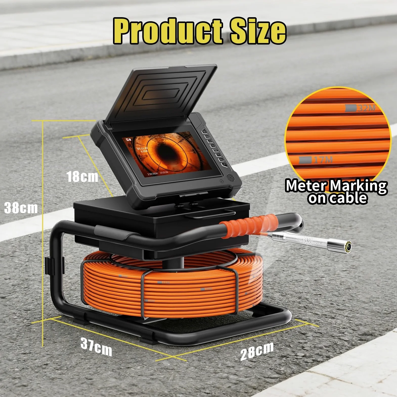Detector De Drenajes,Borescope,Cámara De Tuberías,Pantalla AHD 7"30M | Cable Con Marcas Métricas,Sonda Autoequilibrada 18mm,1080P HD,8 Lámparas LED Blancas,Tarjeta 32G,Inspeccion Cavidades Paredes
