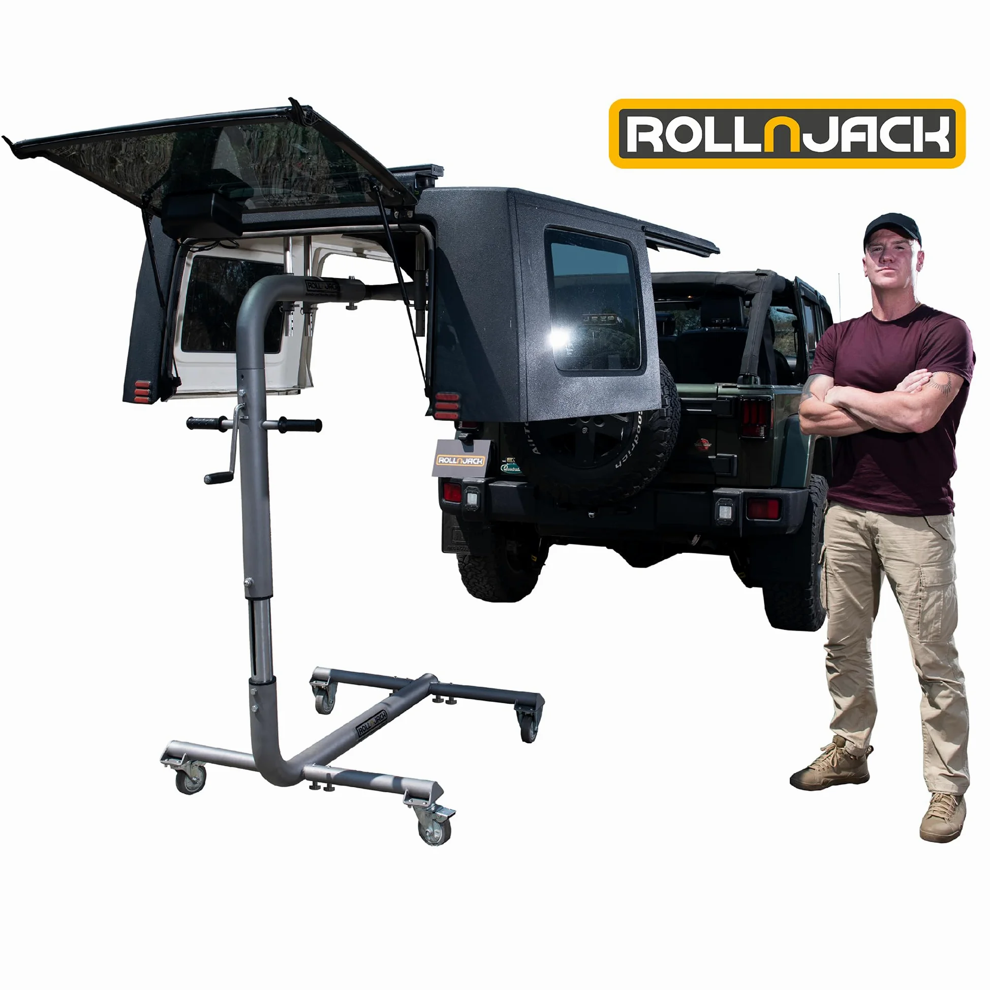 Levantamiento de techo duro para Jeep Wranglers: 2007 en adelante JK/JKU/JL/JLU + CJ, 2 y 4 puertas + Jeep elevados. Montaje rápido y fácil. Sistema para una persona. Desmontaje/instalación de techo