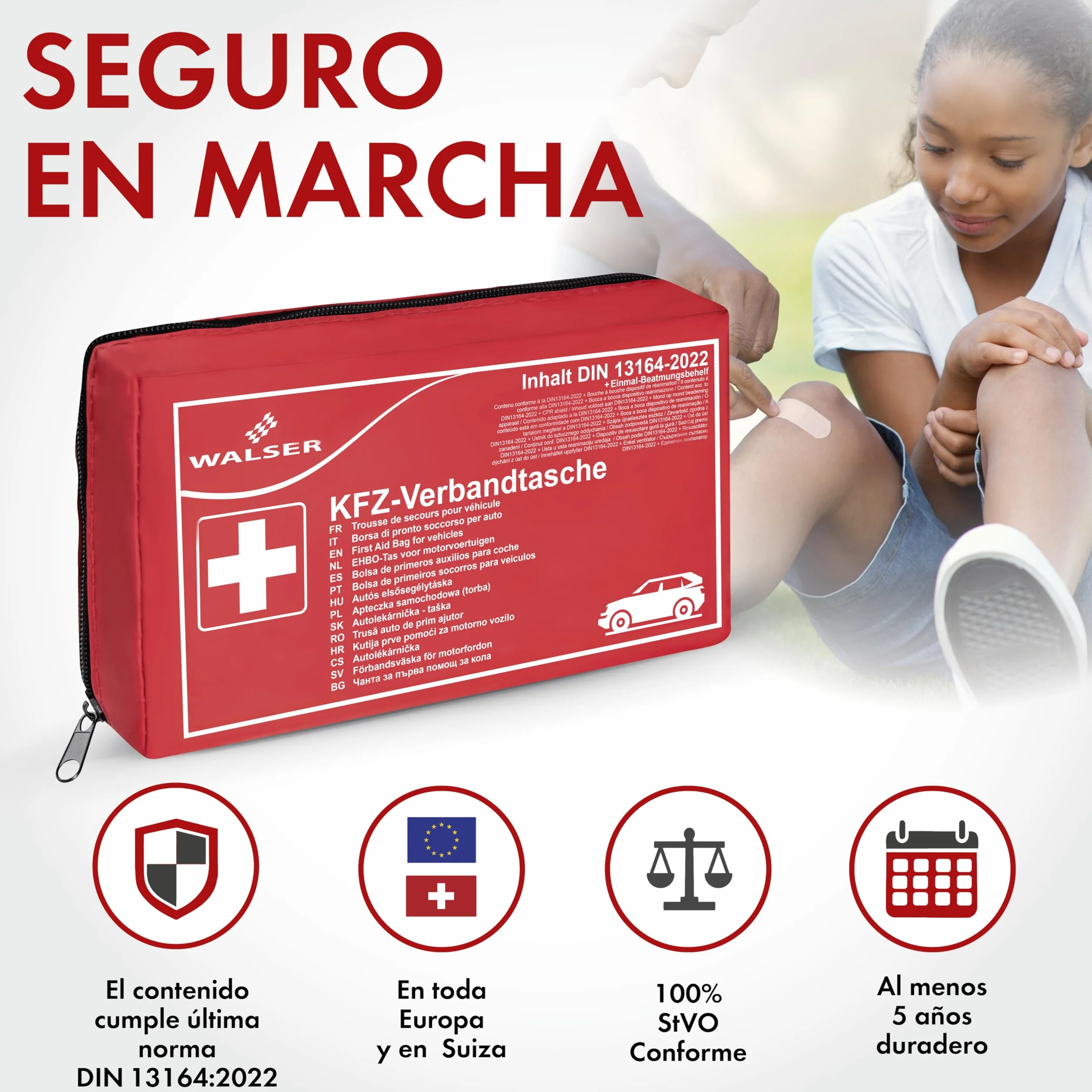 WALSER Bolsa de primeros auxilios para coche DIN 13164:2022 kit rojo 44283
