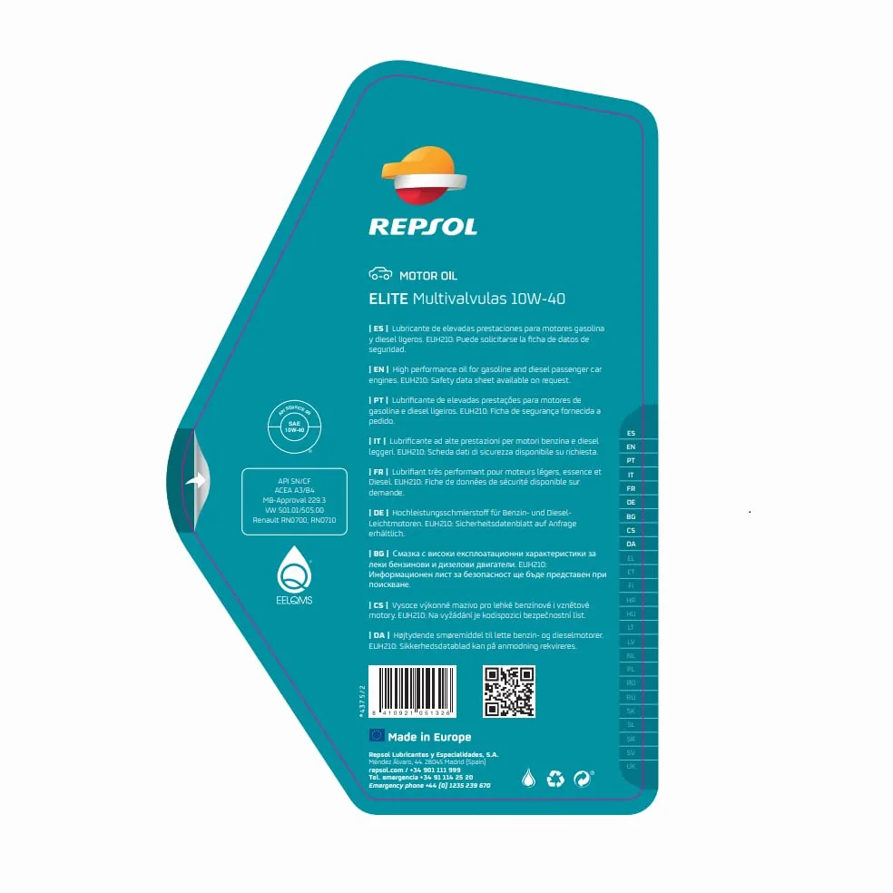 REPSOL aceite lubricante con base sintética para coche ELITE MULTIVÁLVULAS 10W-40 5L