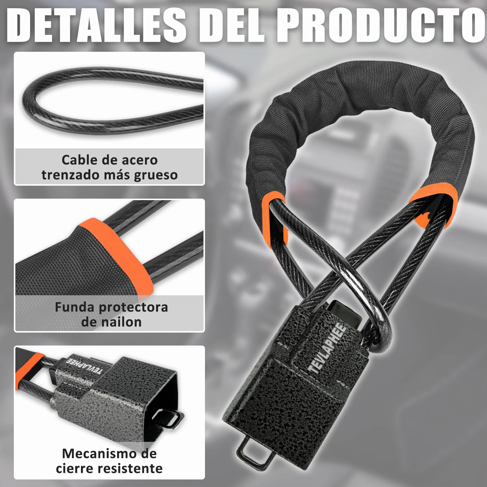 Tevlaphee Antirrobo Coche, Barra Antirrobo Coche, Cabeza Metálica, Cerradura Auto Alta Visibilidad, Robusto, Servicio Pesado, Ajuste Universal, 3 Llaves(Negro)