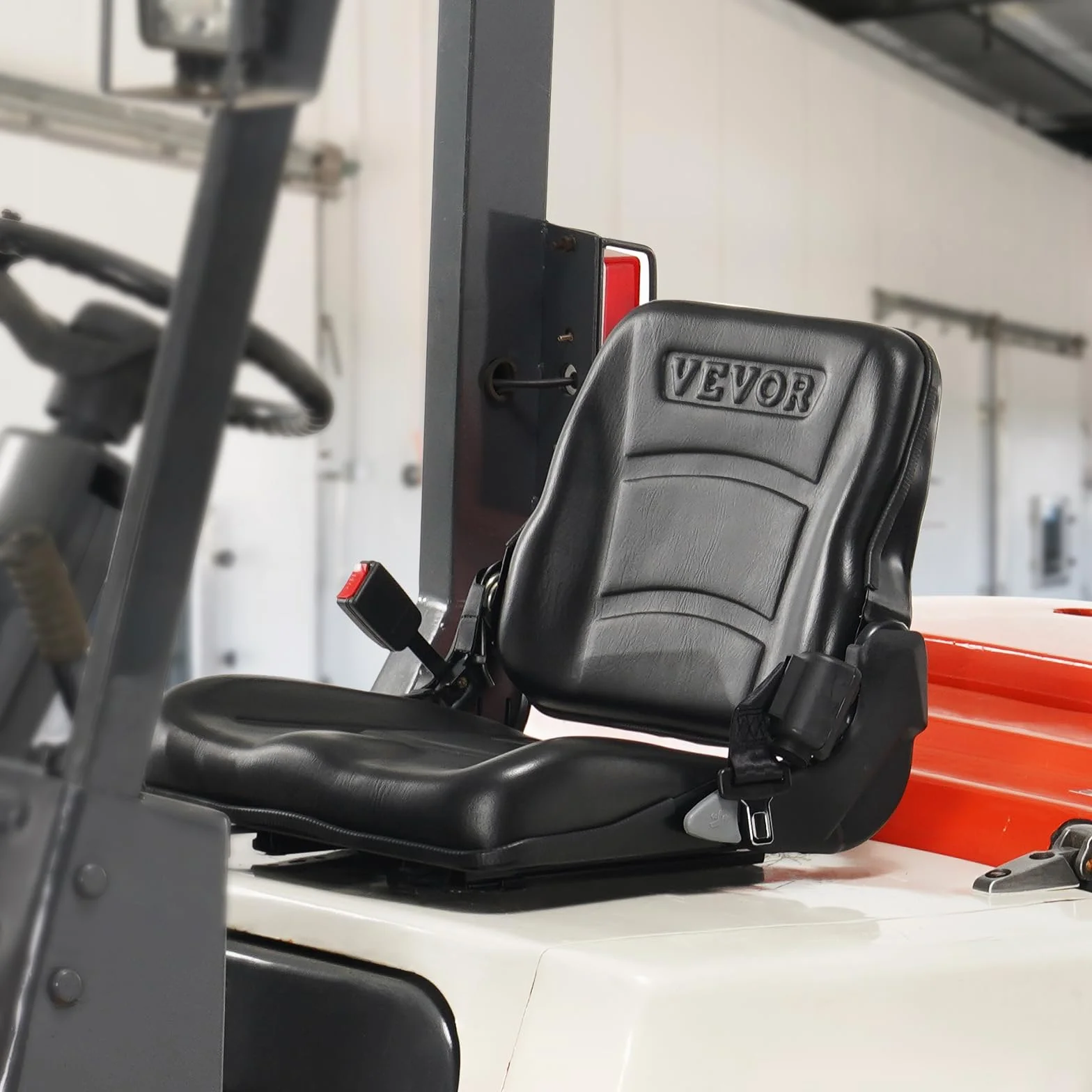 VEVOR Asiento Universal para Carretilla Elevadora, Plegable con Respaldo Ajustable y Cinturón Retráctil, 6 Ranuras