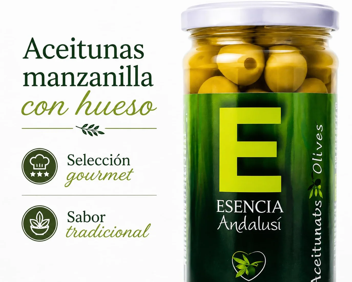 Aceitunas Manzanilla Extra con hueso Sabor Anchoa Esencia Andalusí Gourmet 700g (3 unidades)