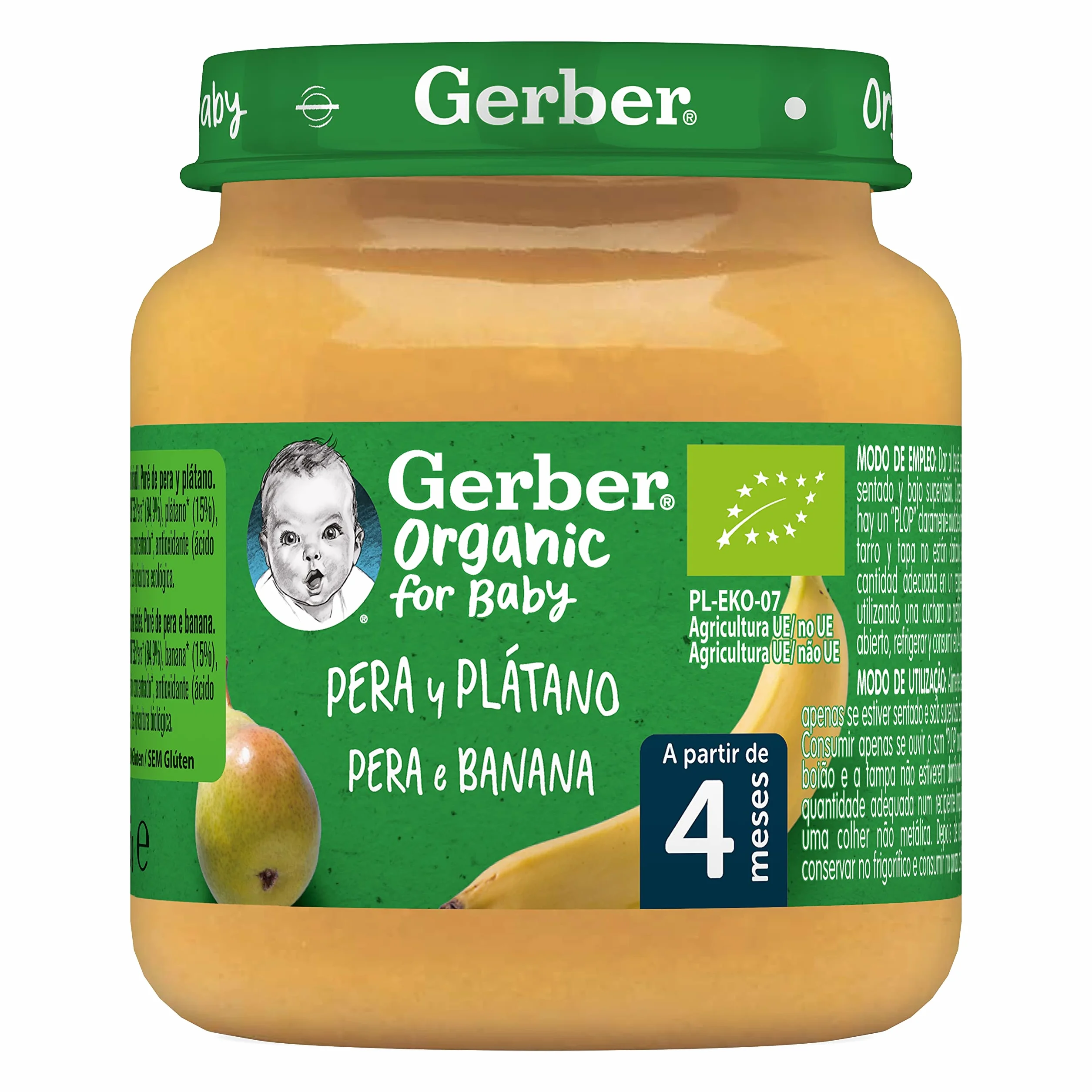 GERBER Organic Pera y Plátano Puré para Bebés 6x125g