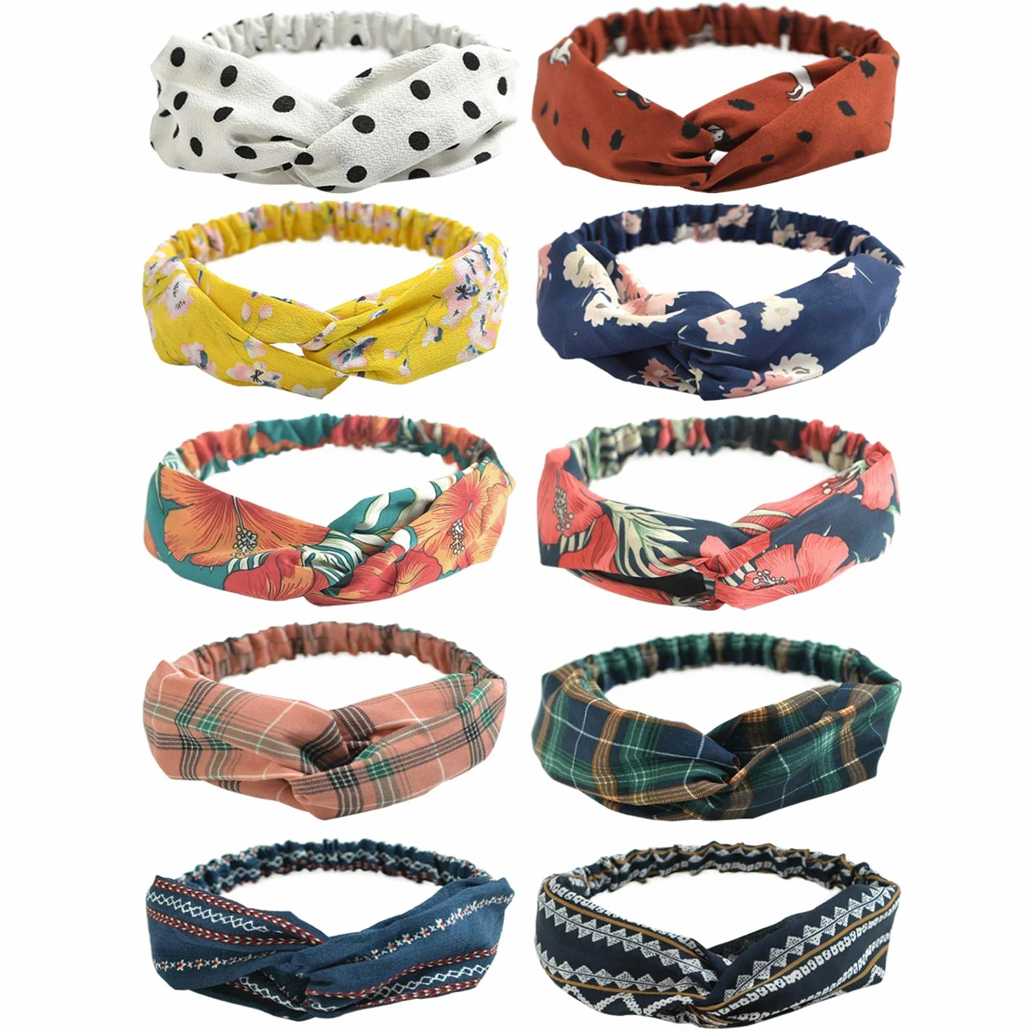 DRESHOW 10 Piezas Diademas Flor Vintage Impreso Criss Cross Anudado Elástico Banda para el Cabello Accesorios de Pelo Yoga Cabeza Wraps