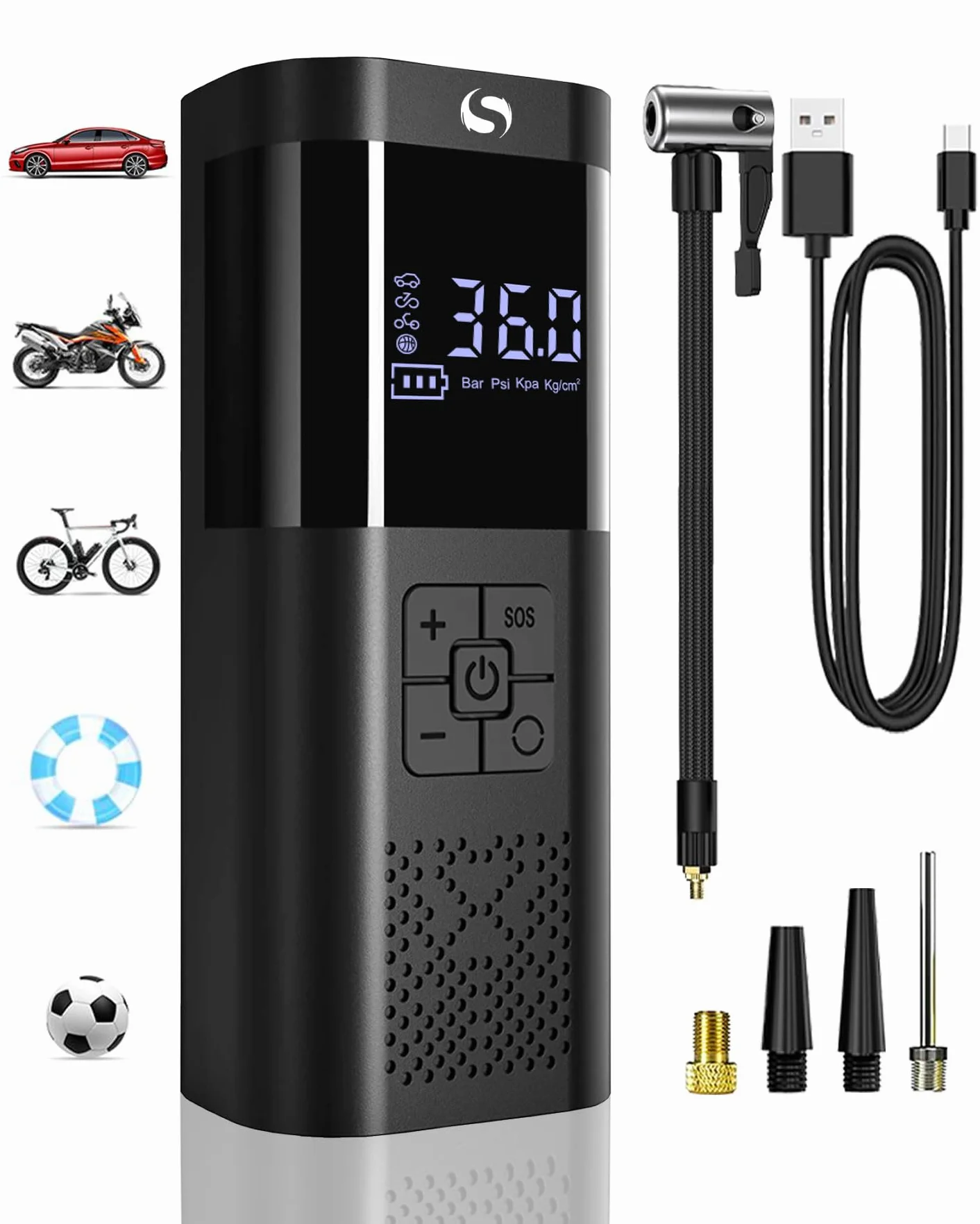 Compresor Aire Portatil, Inflador Ruedas Coche, Mini Compresor Aire Coche con Manómetro, 150PSI Inflador Electrico, Accesorios Coche, con Luz LED para Coche Moto Bicicleta Bola