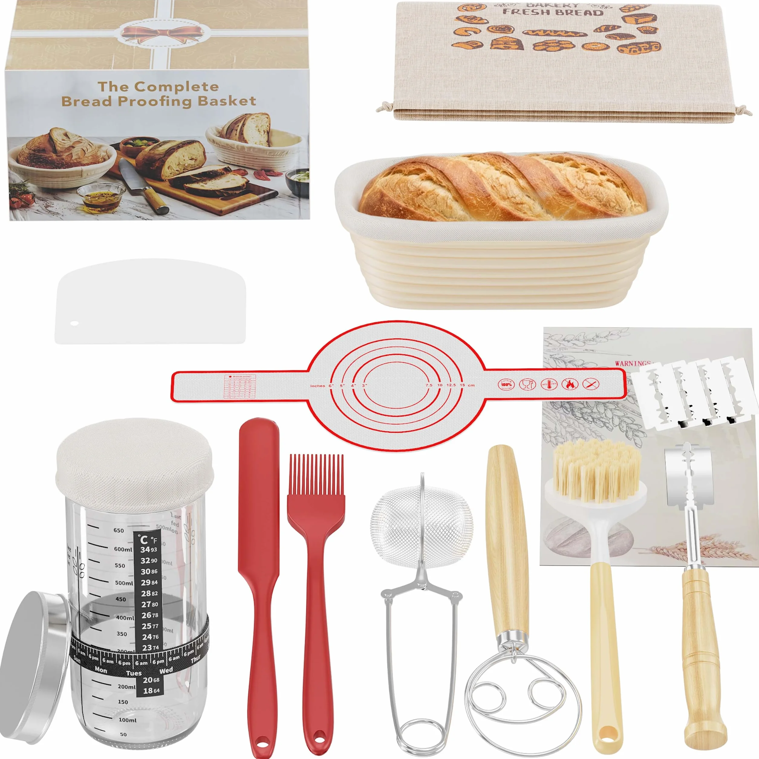 Kit Completo de Inicio de Masa Madre 11 Piezas, Cesta Oval de Ratán Artesanal, Tarro y Accesorios para Hacer Pan