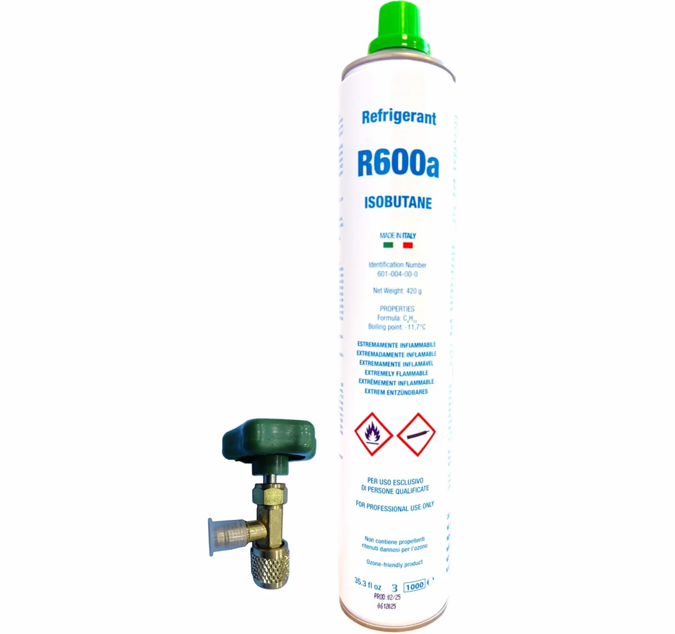 Kit Gas Refrigerante R600a Isobutano 420g Ecológico para Recarga Frigoríficos Congeladores con Válvula de Servicio