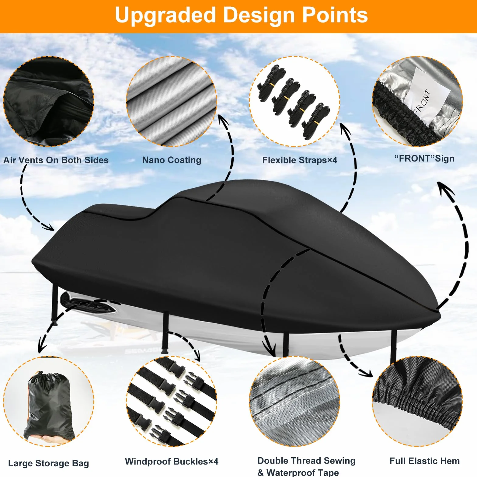 Funda de Jet Ski 420D Impermeable, Funda de Jet Ski 3 Asiento, con 2 Orificios de ventilación, Resistente a los Rayos UV, Compatible con Waverunner Polaris, 291-318cm