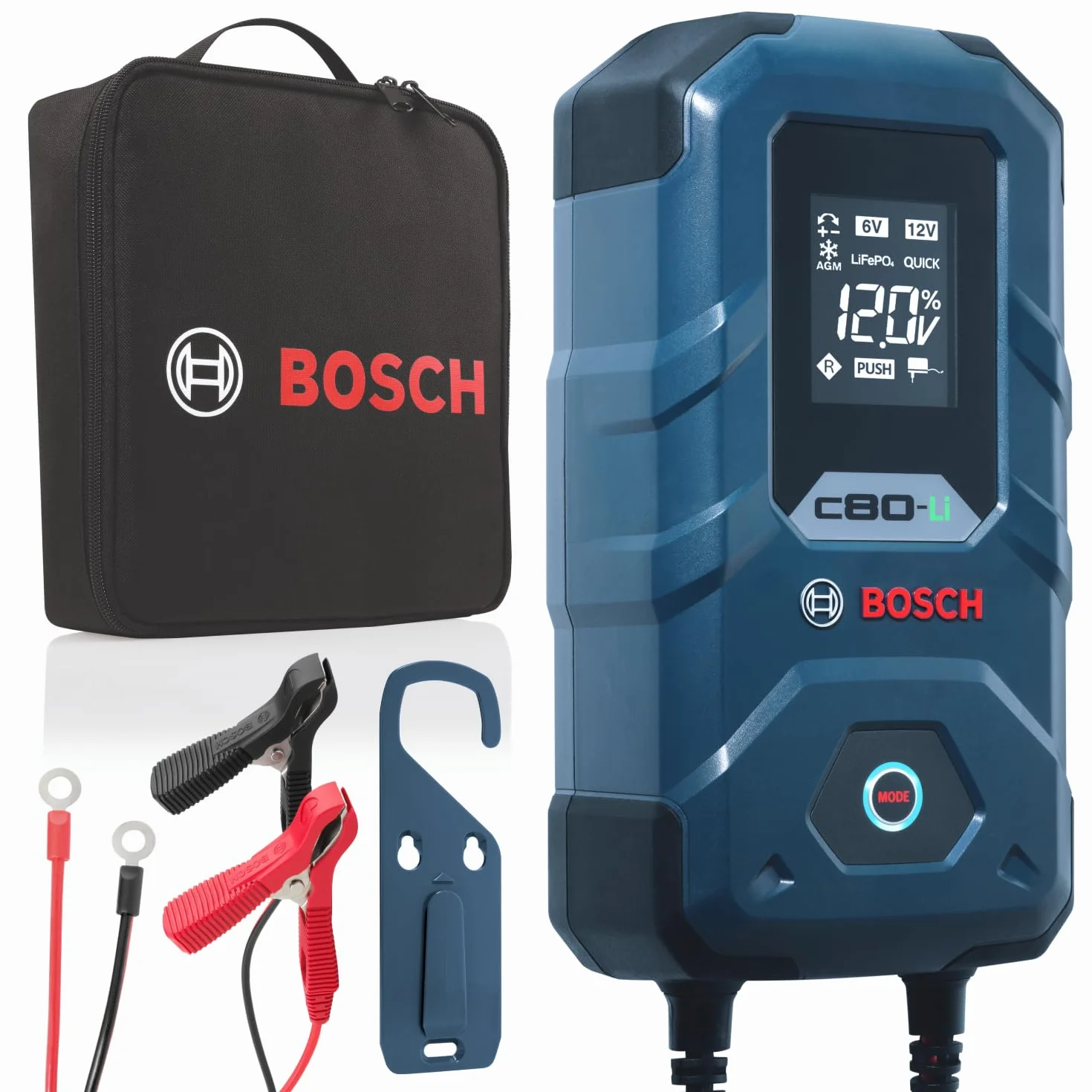 Bosch Cargador de Batería para Coche C80-Li, 15 Amperios, con Función de Carga Continua - para Baterías de Plomo-ácido, AGM, EFB, Gel y SLI, de 6V/12V, y de Litio (LiFePO) de 12V