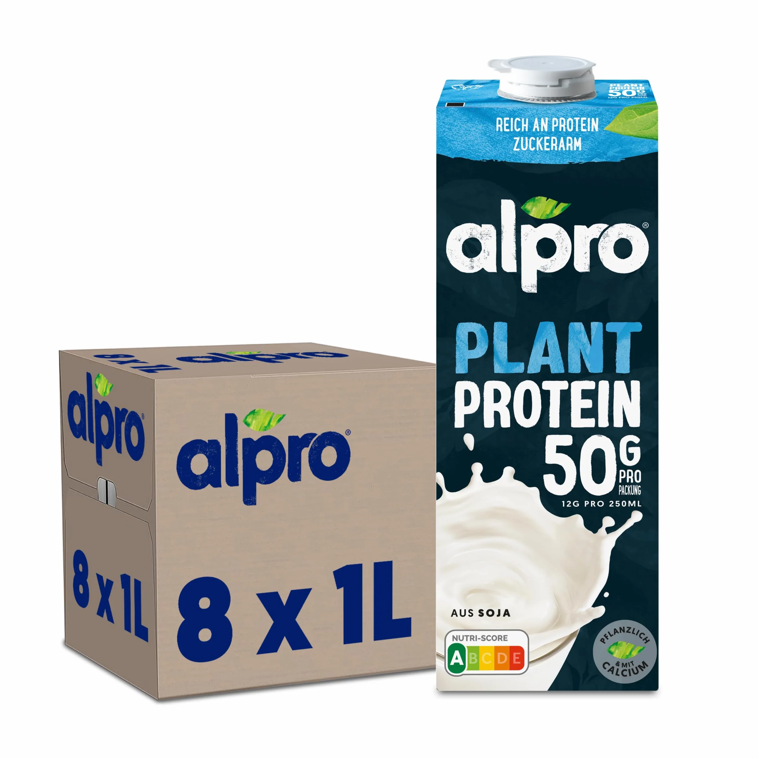 Alpro SOYA Bebida de larga duración proteínas 1 litro 50 g proteína por paquete alternativa leche vegana sin lácteos paquete de 8