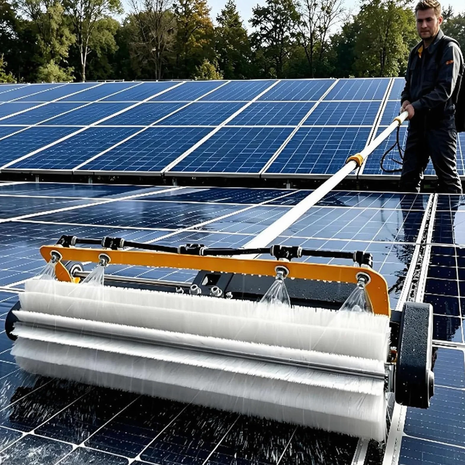 Cepillo de limpieza de paneles solares, cepillo eléctrico de rodillo de lavado de paneles fotovoltaicos, 150 W/380 rpm, modos húmedo/seco, cabezal de 60 cm, poste de alimentación de agua de 3,5 m