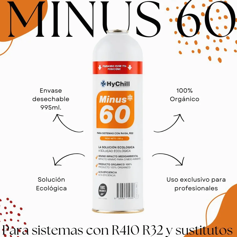 HyChill Minus 60 Refrigerante Técnico Orgánico - Envase Desechable 995 ml - 350gr Carga Neta - Uso Profesional - para Aplicaciones de climatización y refrigeración (3 ENVASES + Llave)