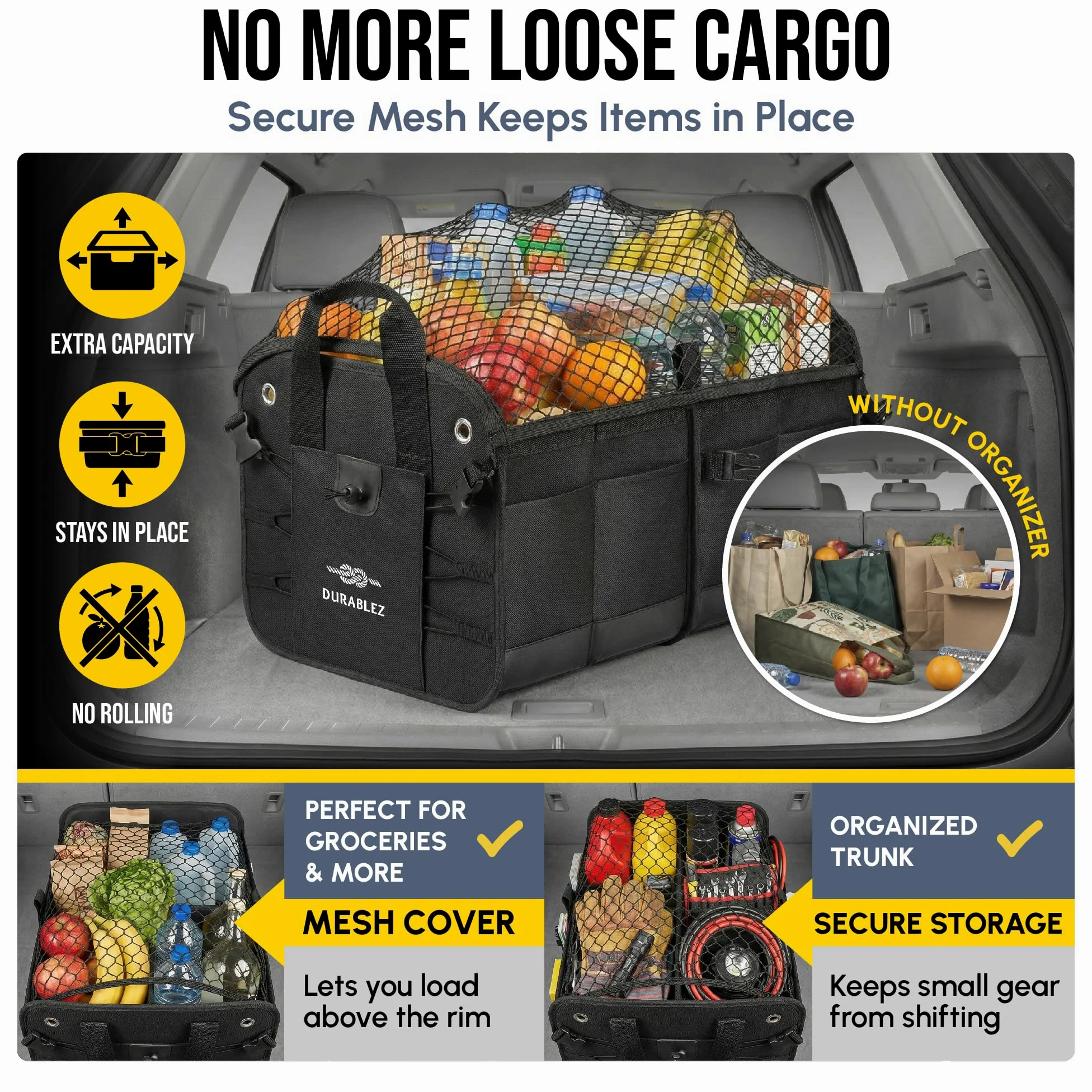 Organizador de maletero de coche, plegable, con red de cobertura, separadores extraíbles, almohadillas antideslizantes acoplables, correas de montaje y ganchos inoxidables, para SUV, camión, sedán,