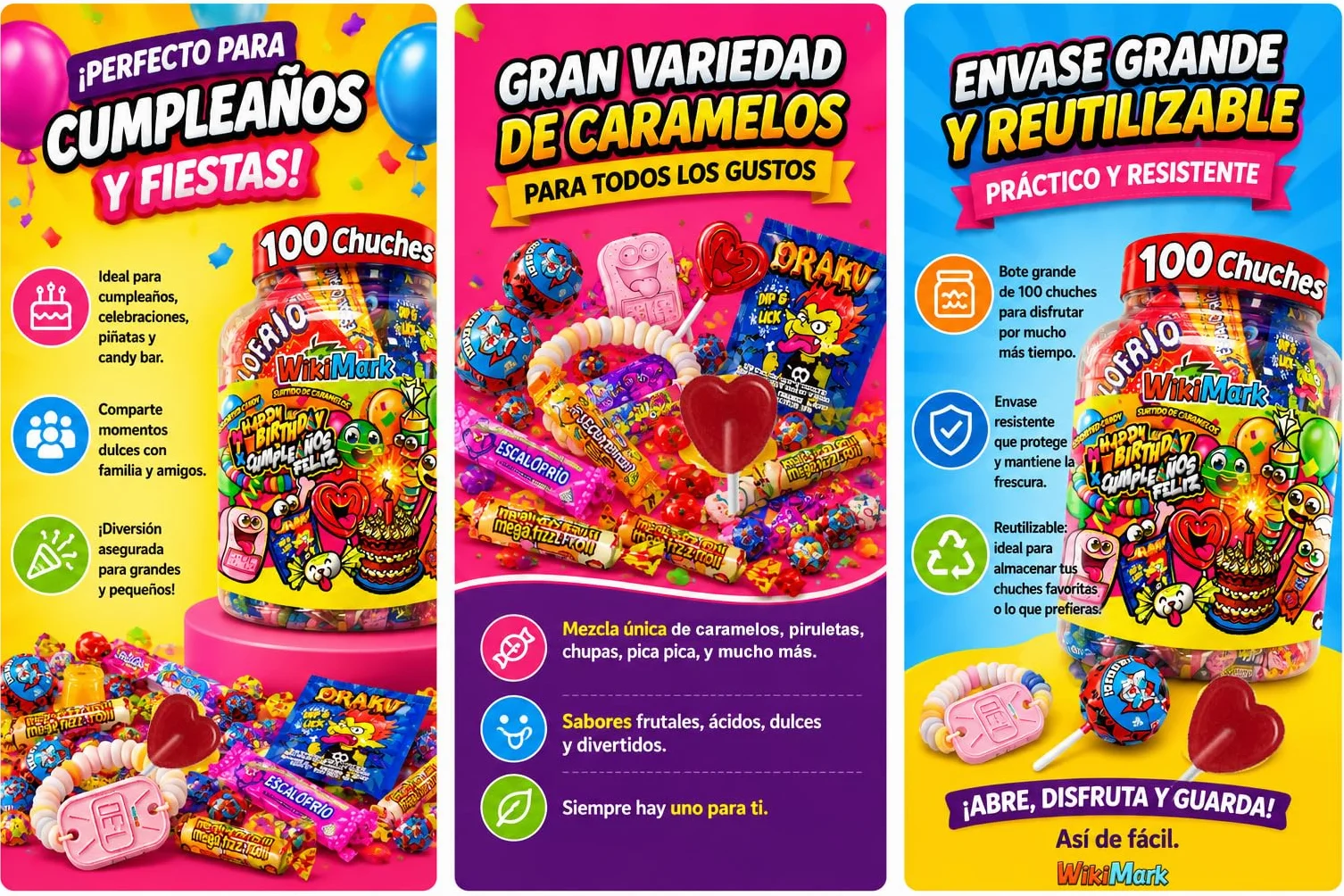 Bote 100 Chuches Surtidas para Cumpleaños y Piñatas | Caramelos Variados Infantiles | Golosinas para Fiestas, Candy Bar y Bolsas de Regalo | Mix Dulces Sin Gluten y Sin Leche