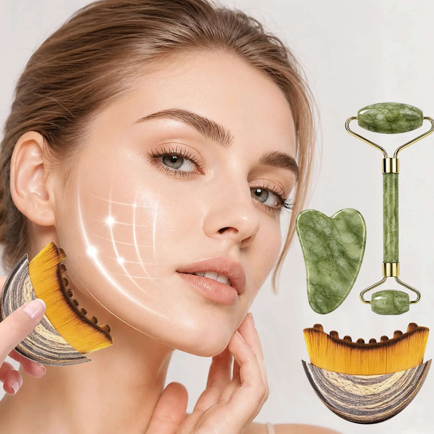 Cepillos Linfáticos Faciales Set 4 Piezas Jade Gua Sha y Rodillo de Jade Masaje Tensado Facial