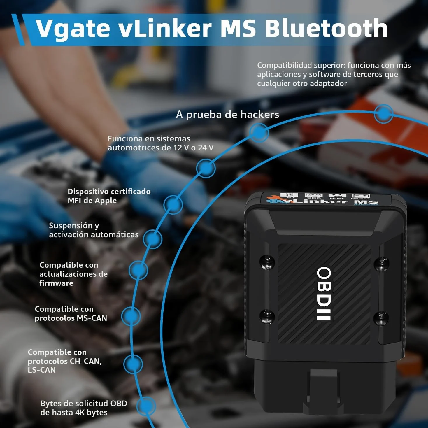 Vgate vLinker MS Bluetooth MFI Herramienta de diagnóstico OBD2 Lector de códigos de avería Adaptador de Coche Compatible con OBDII Check Engine Light para iOS, Android y Windows.