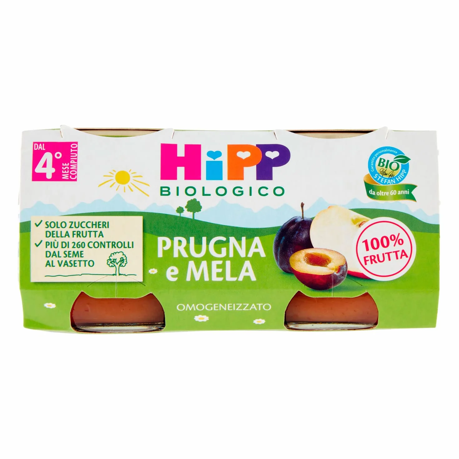 HiPP Omogeneizzato Biologico di Prugna e Mela 4+ Mesi, 2 x 80g