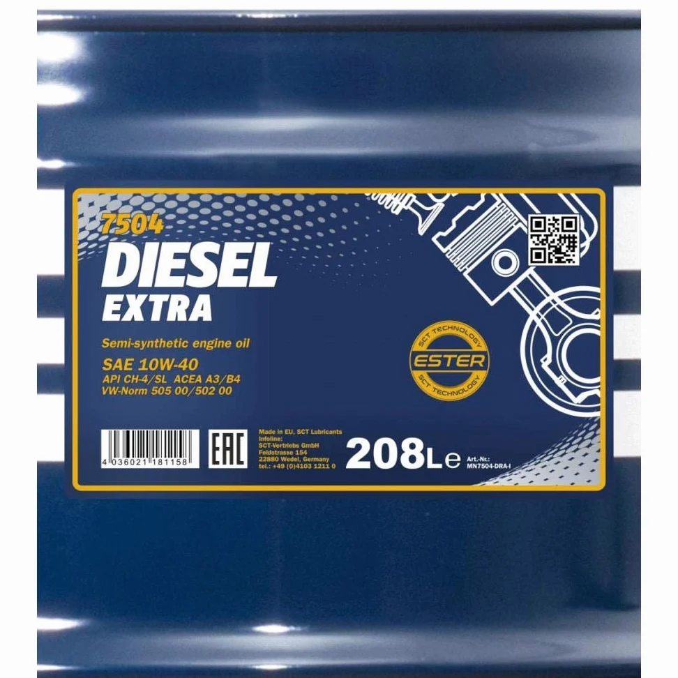 MANNOL Aceite de motor 10W-40 DIESEL EXTRA aceite parcialmente sintético ACEA A3/B4 API CH-4 API SL 208L Compatible con VW Polo V Hatchback 6R1, 6C1 up! Hatchback 121, 122, BL1, BL2, BL3, 123, TOYOTA