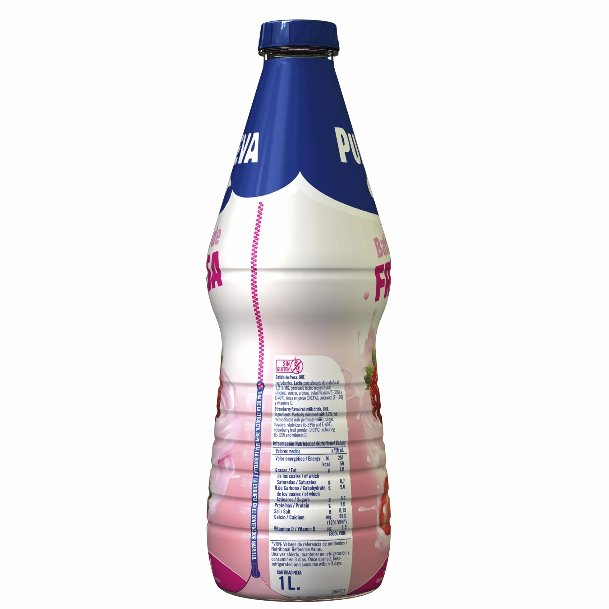 Puleva Batido de Fresa, Rico en Calcio, Proteínas y Vitamina D, Sin Gluten, Bebida Láctea 1 L