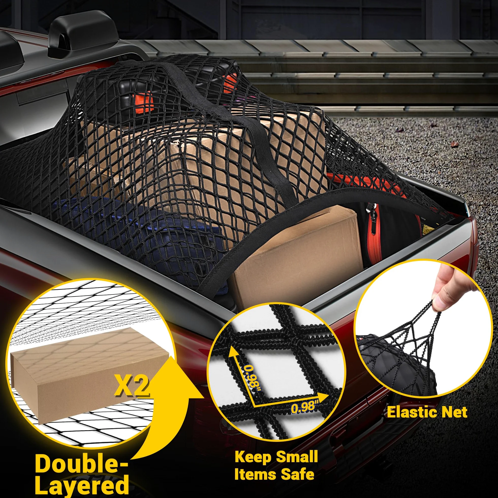 Bumbee Red de Carga para Cama de camión, elástica de Doble Capa, elástica hasta 7 pies x 7 pies, Malla pequeña, Organizador de Almacenamiento Duradero para camioneta, Maletero, SUV, Barco