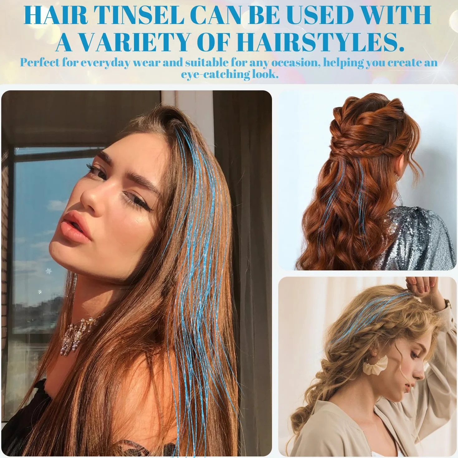 Kit de Tinsel Azul de 47 Pulgadas, Mechones de Extensiones de Pelo Brillante para Mujeres y Niñas, Accesorios de Fiesta