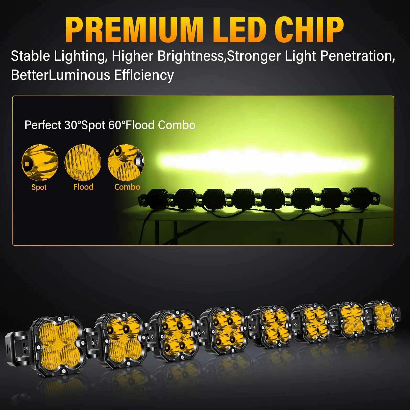 Willpower Barra de Luz LED 132 cm 52" 240W 20000LM Barras Luminosas LED 12V 24V Largo Alcance para 4x4 Tractor Coche Camion Barco Offroad, 3500K Amarillo, IP67 Impermeabile