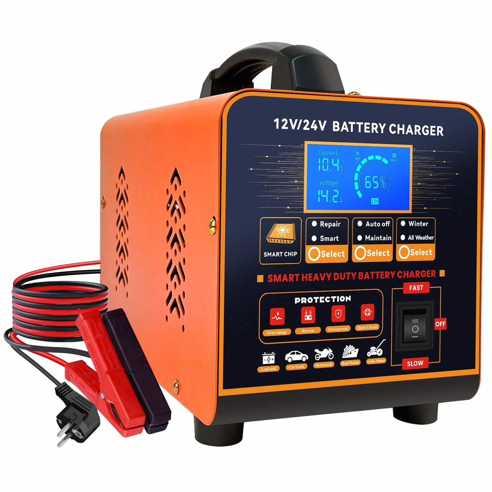 20A Cargador de Baterías Metal 12V/24V Profesional Mantenedor Automático, Cargador Inteligente con Apagado Automático, Reparación, Modo Invierno para Coche Camión Moto (Plomo, AGM, Gel, etc)