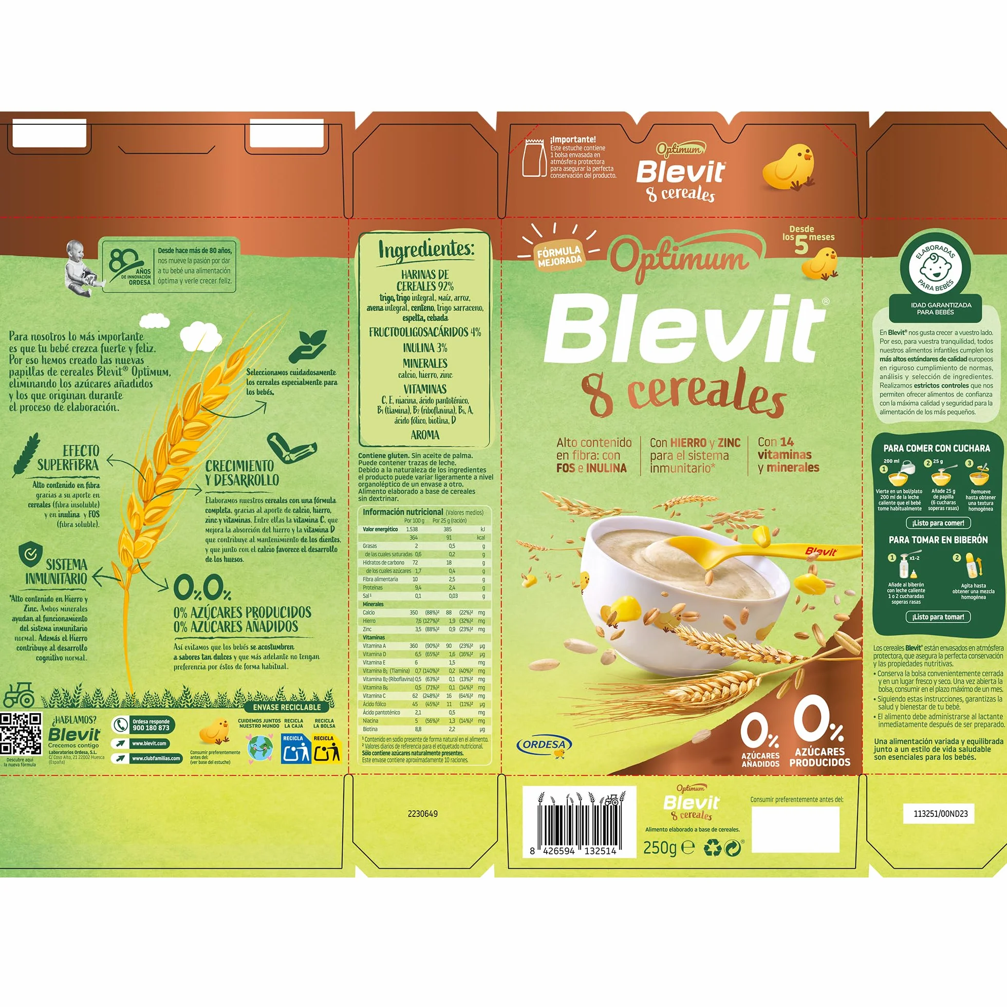 Blevit Optimum 8 Cereales 250g Papilla Bebé 5 meses 92% Cereales Vitaminas Minerales Fibra