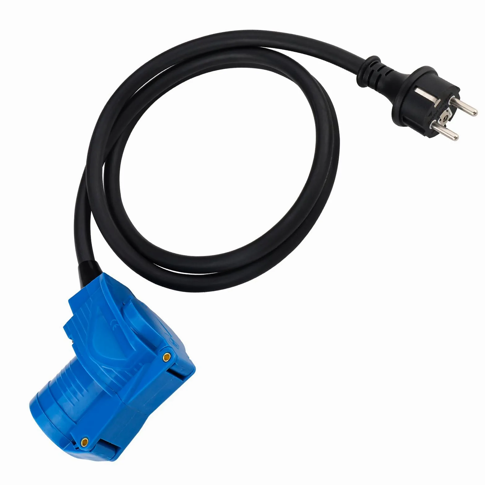 Cable Adaptador CEE acodado con Enchufe a Enchufe de protección de Contacto, Cable de 1,5 m, IP44, 250 V/16 A, 3 Polos, Toma de corriente angular cableable para Camping