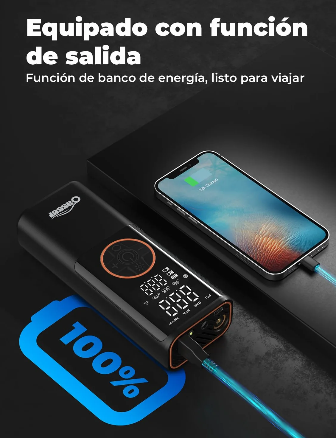 Oasser Compresor Aire Portatil 6000mAh 150PSI Inflador Ruedas Coche Pequeño Pantalla LCD Doble Visualización Cable Encendedor 3M Parada Automática Bolsa Almacenamiento para Coche Moto Bicicleta Bola