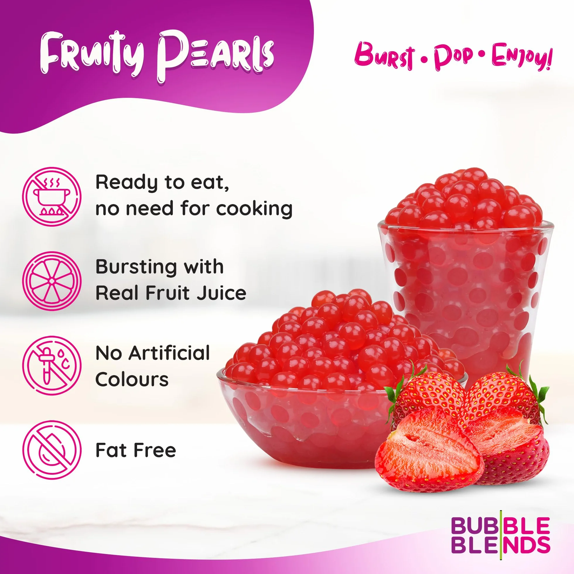 Bubble Blends Popping Boba Fresa 1kg Perlas de Fruta Sin Lácteos Sin Gluten para Bubble Tea