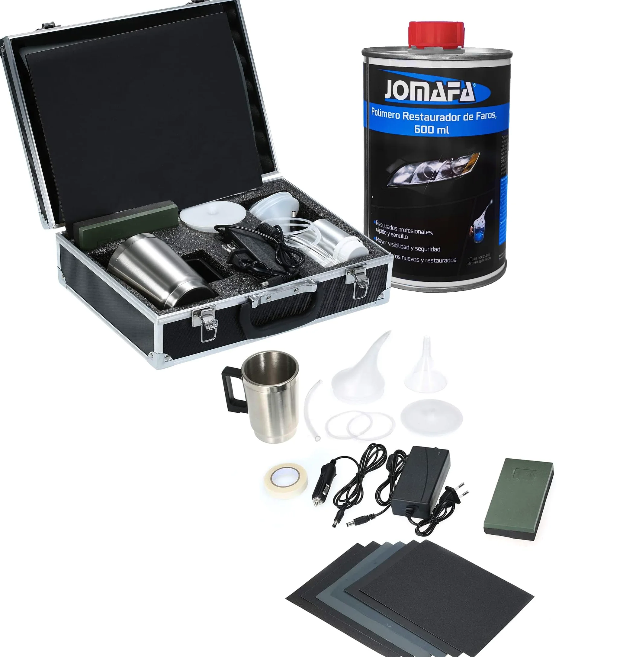 JOMAFA - Kit de reparación de faros delanteros | incluye POLIMERO 600ML | herramienta de pulido para reparación arañazos faros coche | herramientas arreglar faros | amarillear | rayones | grietas