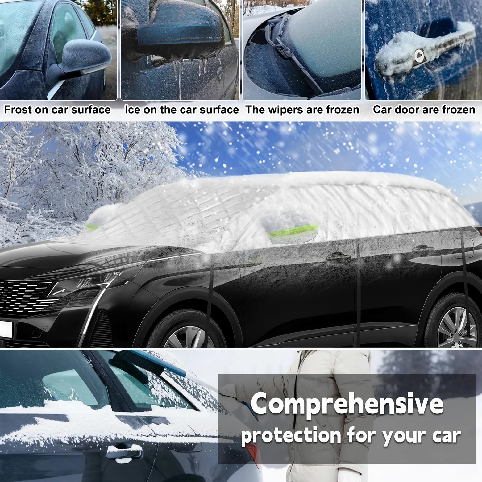 Funda de Coche Exterior Compatible con Peugeot 5008 T87 P87 2009-2025, 6 Capas Media Funda Coche con Ganchos, Tira Reflectante y Tapones para Orejas para Protección contra Hielo y Nieve