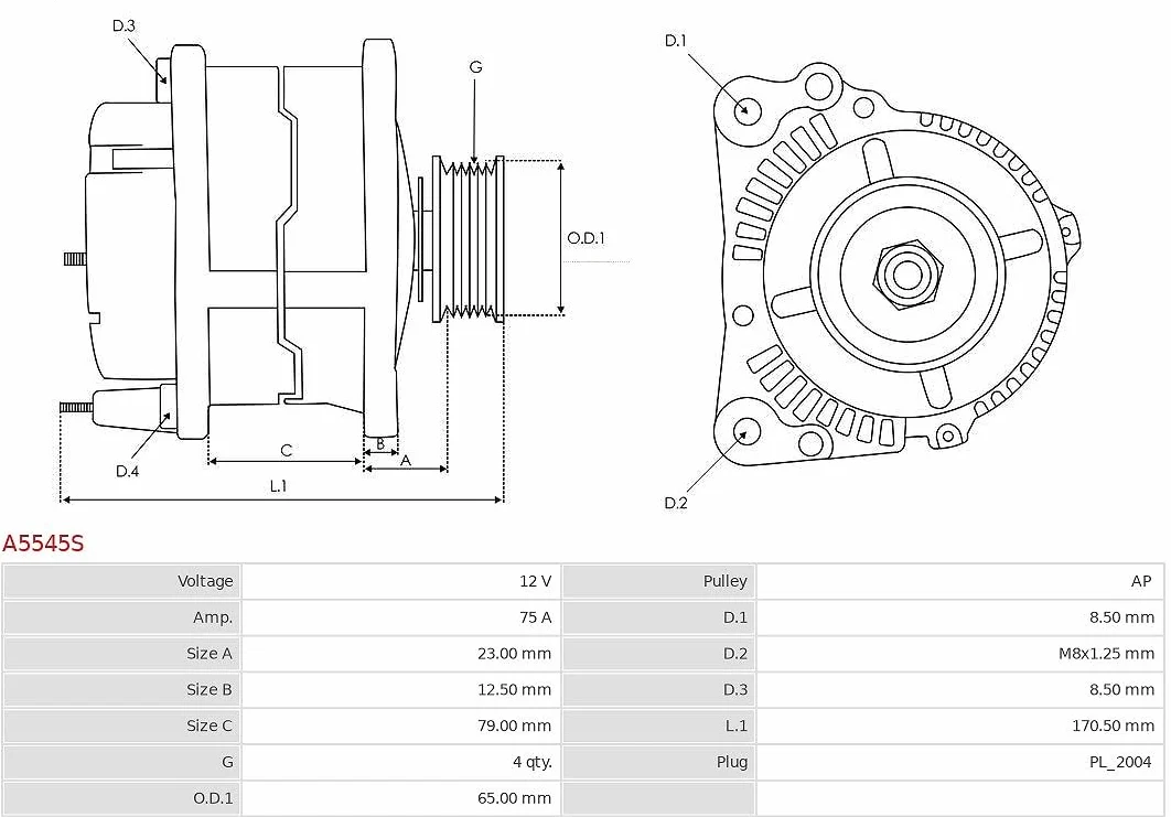 AS-PL Alternador A5545S 75A generador con polea Compatible con MITSUBISHI L 200 K7T, K6T L 400 Bus PDW, PCW, PAV, PBV, PAW L 300 III Camión de plataforma/Chasis P1T Delica/Space Gear MPV
